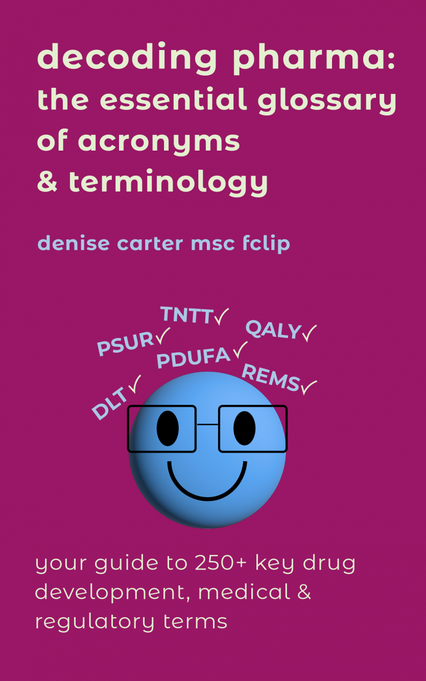 The decoding pharma paperback cover. A magenta cover with the title, author and a blue emoji style smiling face with acronyms with ticks to show these are now clear and understood